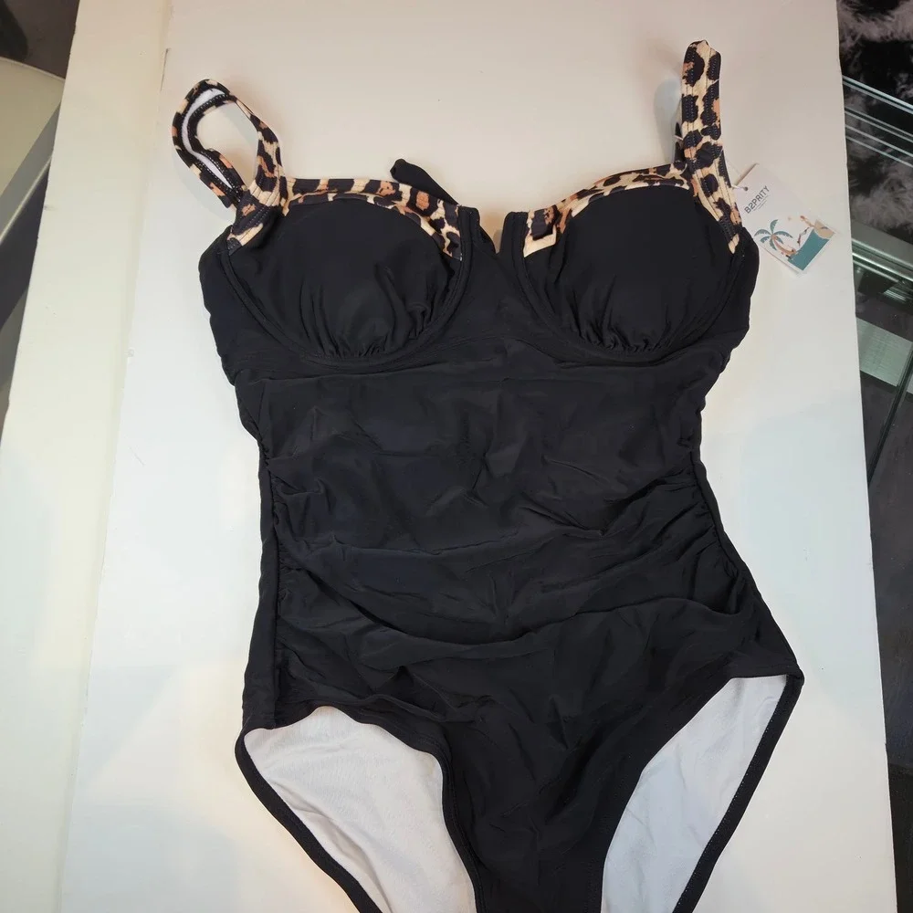 B2PRITY‎ One Piece Swimsuit Womens M Black Leopard Ruched Underwire Chic 419 NWT